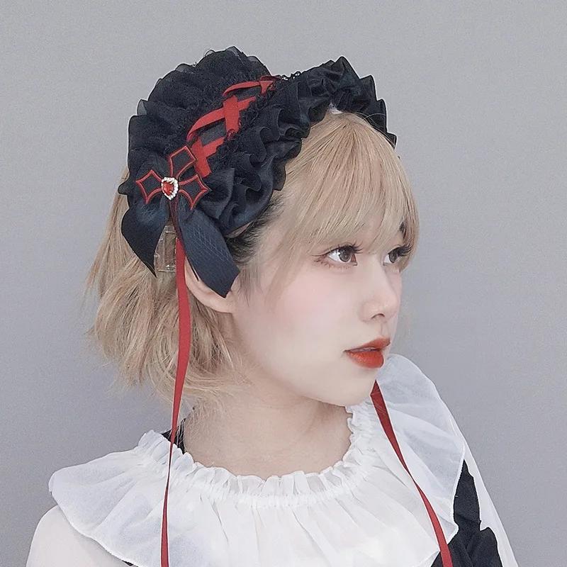 Gothic Lolita Dark Cross Lace Bow Headband for Anime Girls Vampire Cosplay Halloween Party Accessory