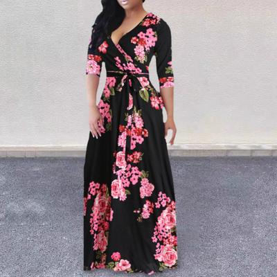 Sommer Frauen Kleid Tiefem V-ausschnitt Gewickelt Langarm Blume Drucken Big Saum
