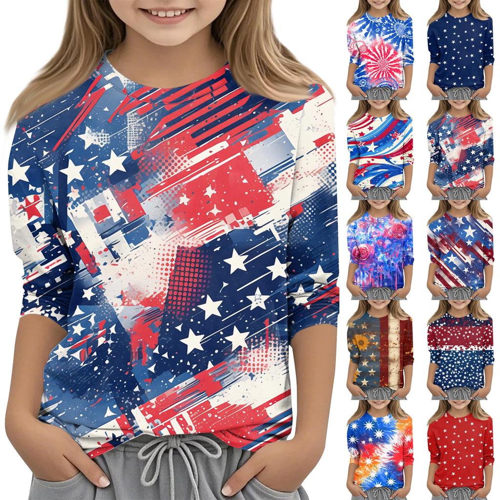 Print Tops For Youth Girls Round Neck 3/4 Sleeves T-Shirts Trendy Tops Outfit Tees Independence Day