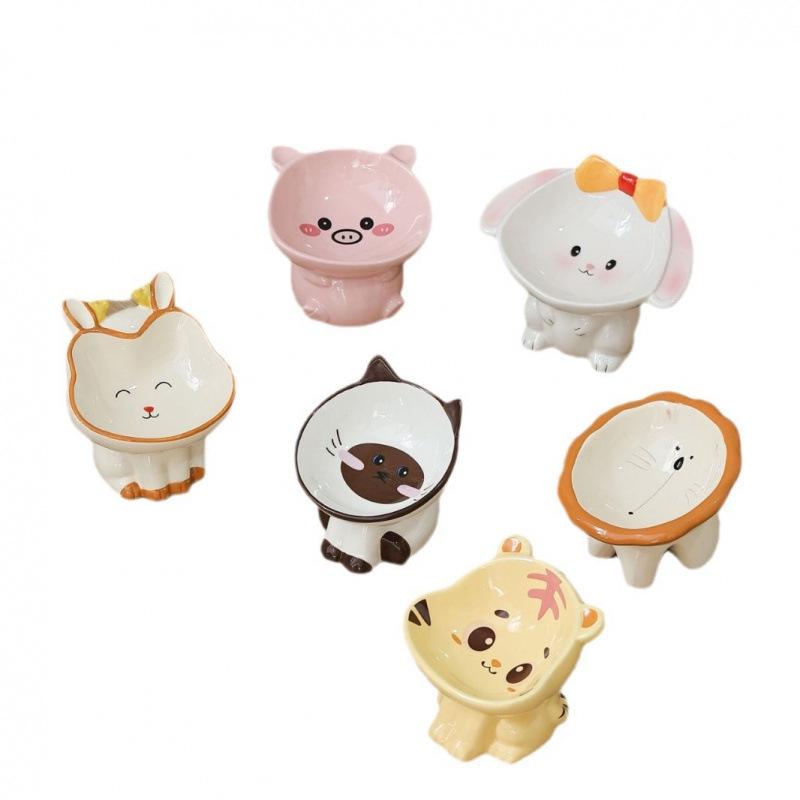 Cute Animal Series High-Footed Ceramic Pet Bowl - Neck Protection & Anti-Black Chin Design for Cats and Dogs