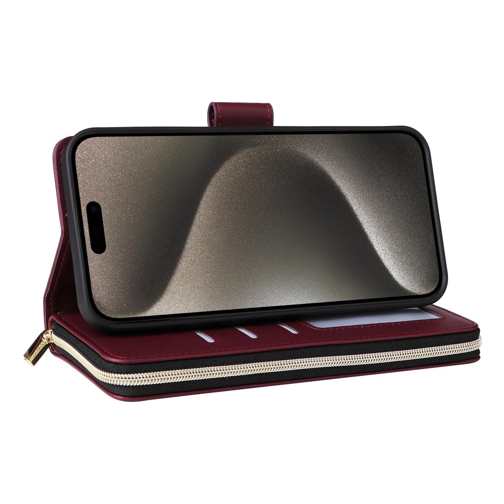 R20 For iPhone 15 Pro Max Case Zipper Pocket PU Leather Cover with 9 Card Slots