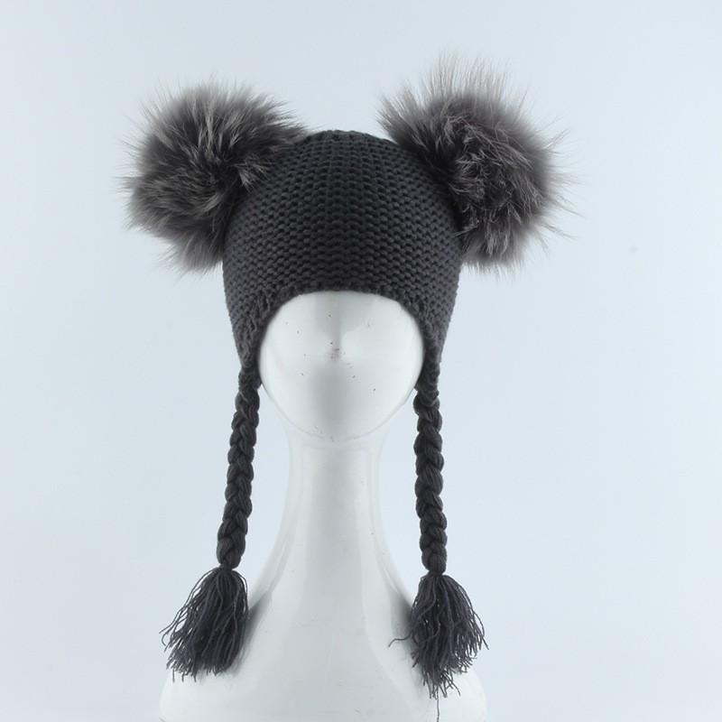 Kids Wool-Blend Knit Beanie With Double Pom Poms Ear Flaps Toddlers Ages 6M-12Y