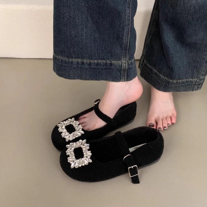 Inner Heightening Women's Shoes Temperament Mary Jane Shoes 2025 Spring and Autumn New French Square Head Rhinestone Shoes