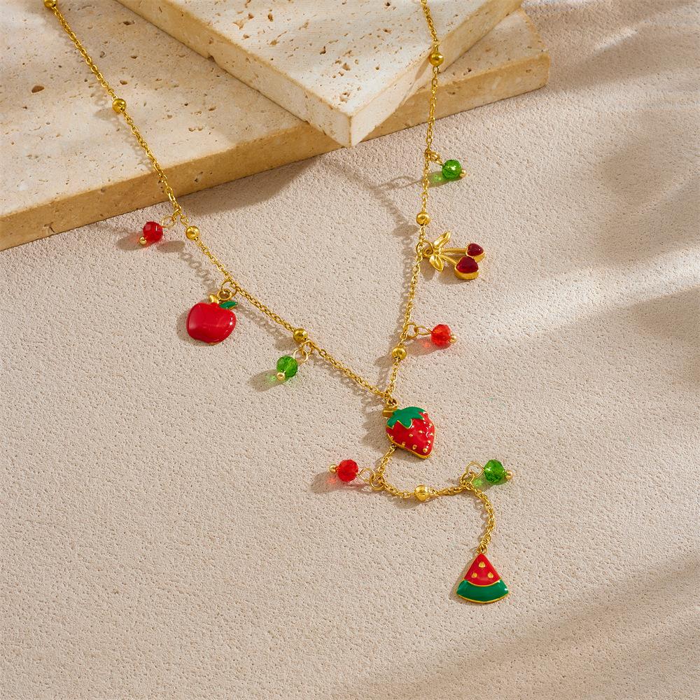 Fashion Colorful Glass Rhinestone Geometric Pendant Strawberry Fruit Gold Y Shape Necklace