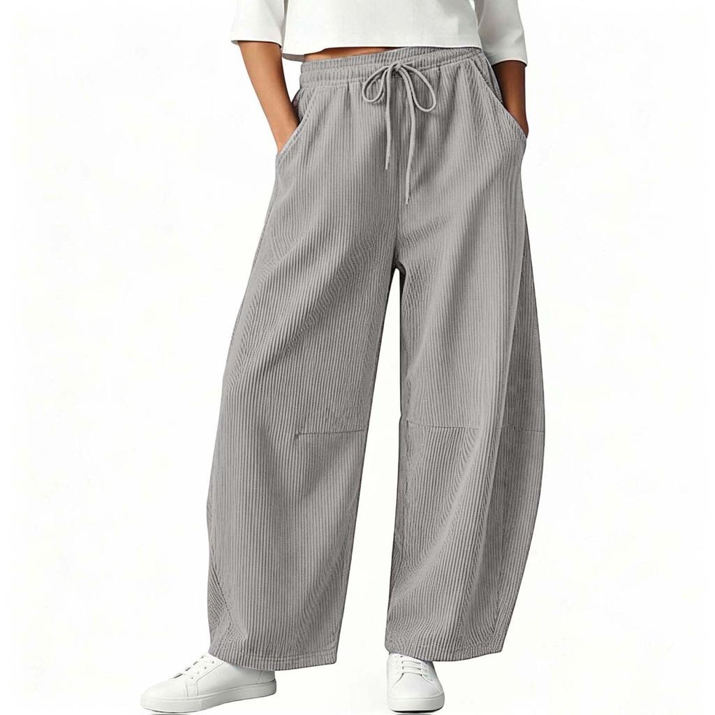 Women Corduroy Barrel Pants Elastic Waist Wide Leg Trousers Baggy Pant with Pockets Women's Casual Pants Comfy