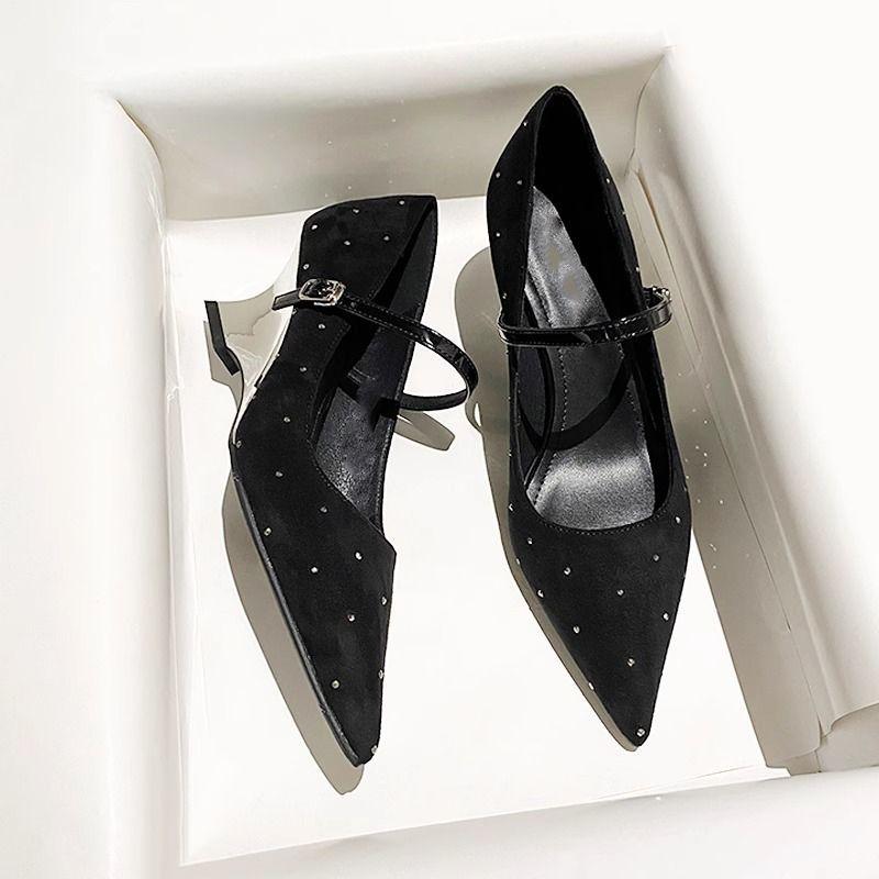 Black Suede Pointed Thick Heel Commuter High Heels Women's 2025 Spring New Year's One-word Buckle Retro Mary Jane Shoes