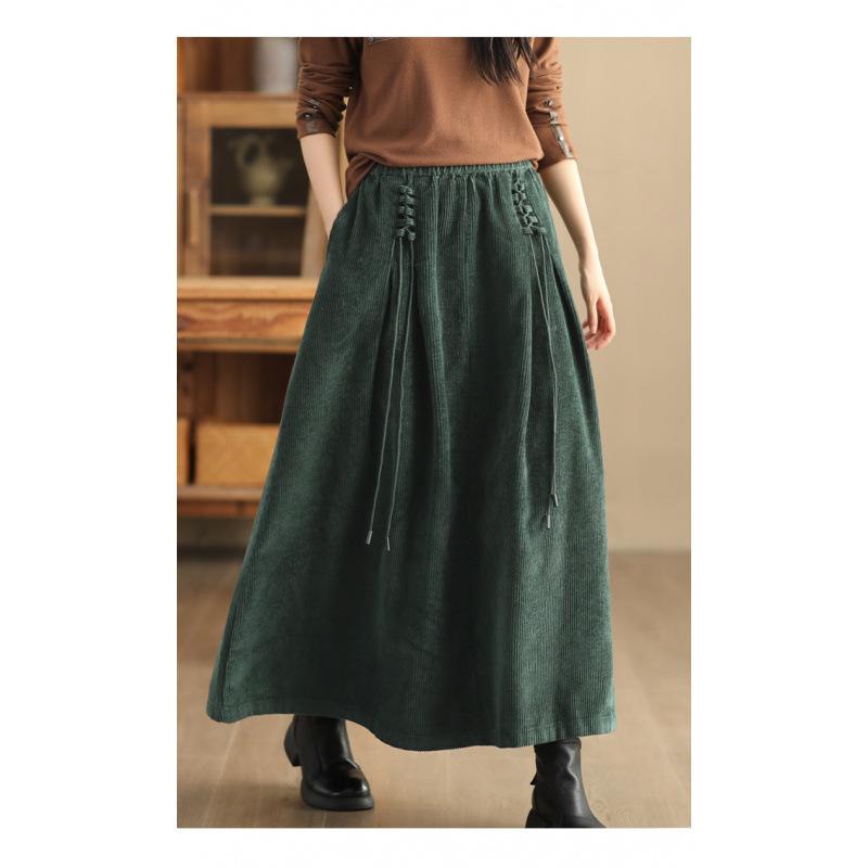Women's Spring Autumn Winter Japan South Korea Temperament Retro Corduroy Skirt Elastic Waist Temperament Pendulum Skirt Velvet Long Skirt