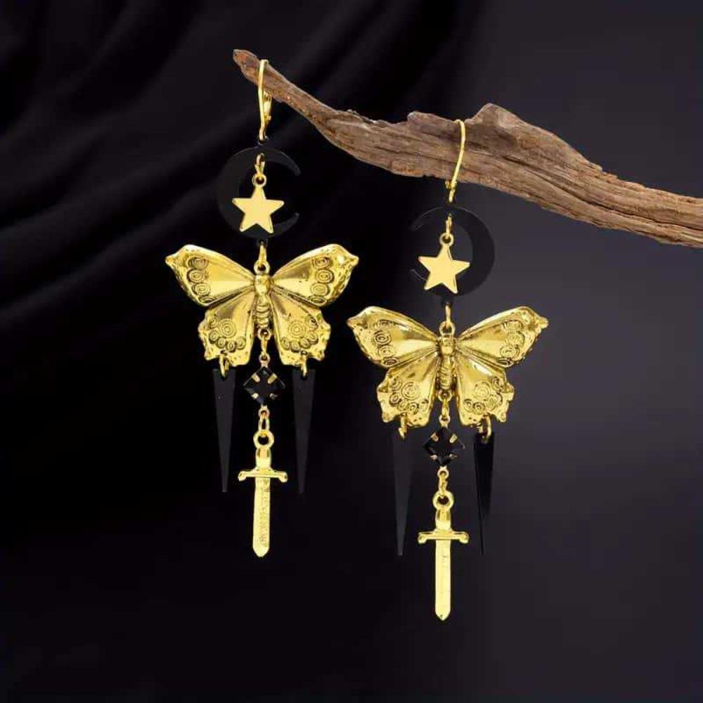 Retro Exaggerated Black Moon Gold Color Butterfly Star Sword-shaped Tassel Pendant Earrings for Women Exquisite Charm Jewelry