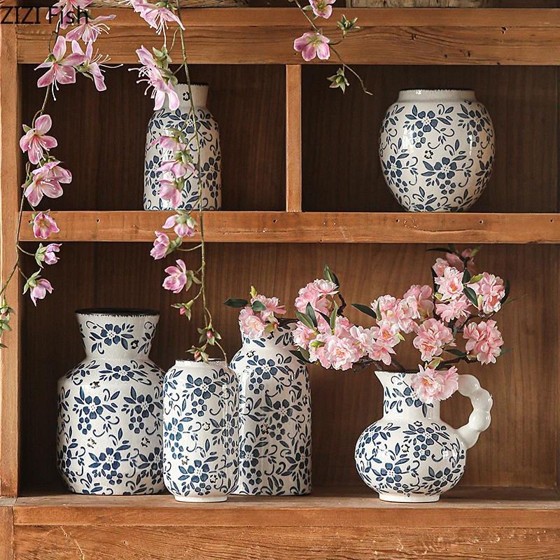 Blue and White Porcelain Vase Hydroponics Ceramic Flower Pots Desk Decoration Flower Arrangement Vases Room Aesthetic Decor