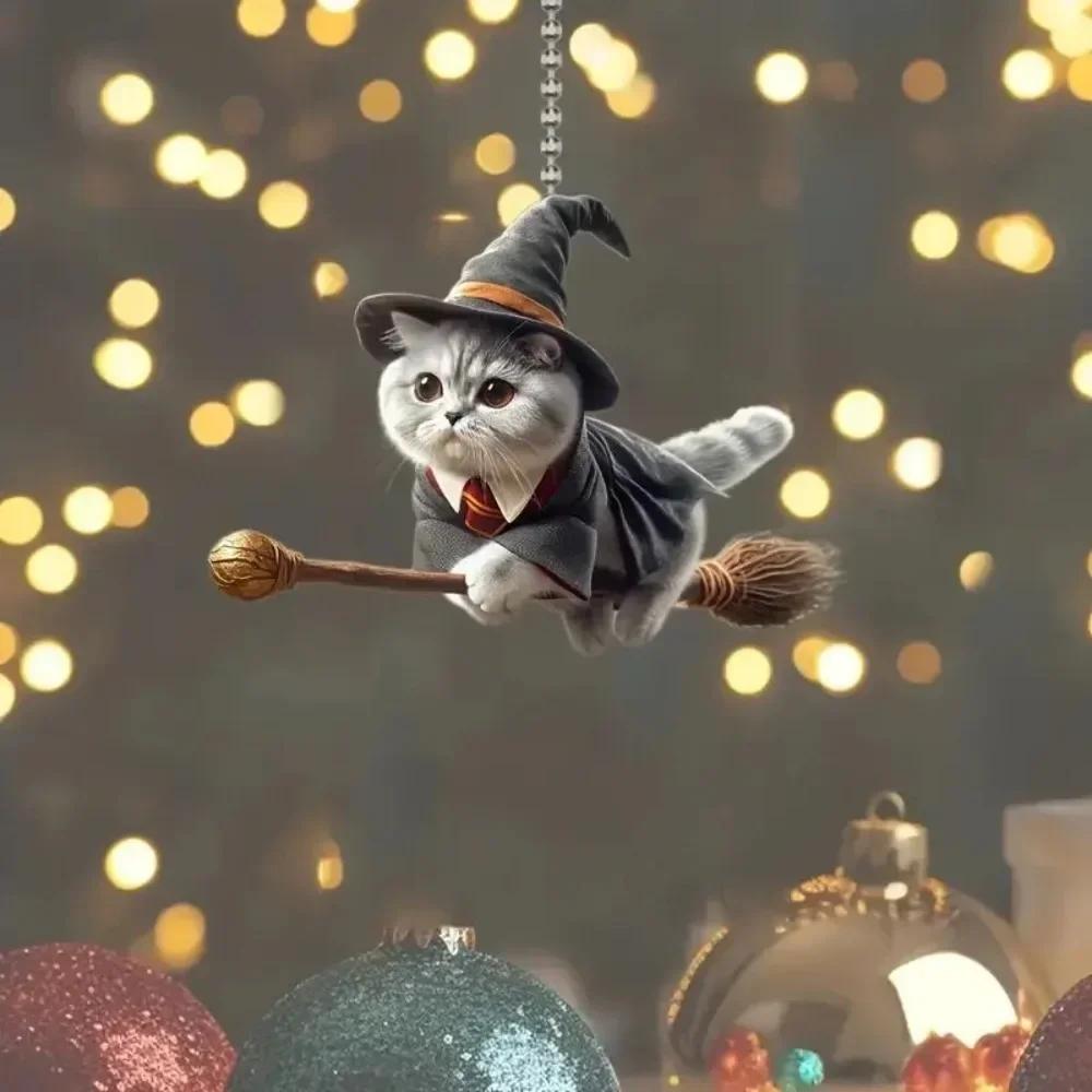 2D Acrylic Car Hanging Pendant Festive Animal Christmas Tree Decor Pendant Magic Flying Cat Car Interior Accessories