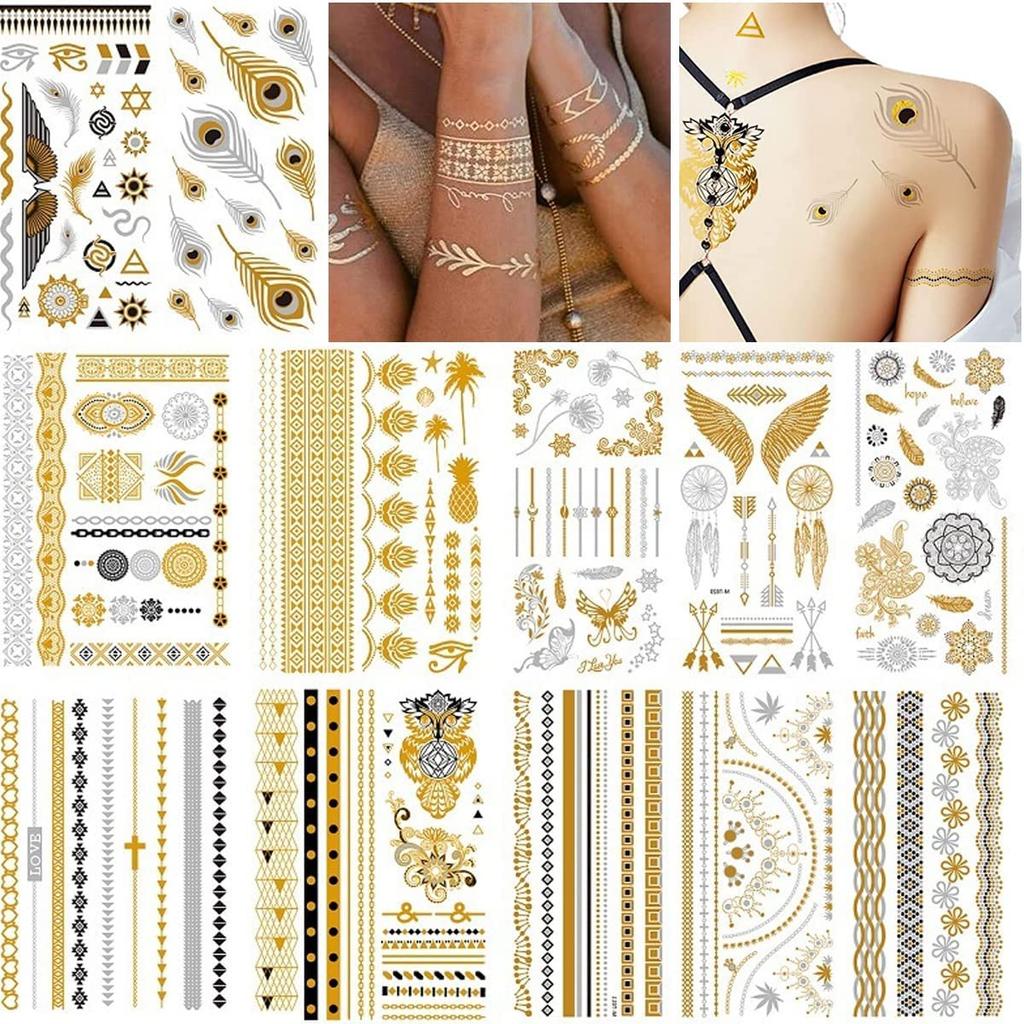 HASTHIP® 12 Sheets Waterproof Temporary Golden Creative Element Temporary Tattoos Stickers | Assorted Henna Art Tattoo Sticker for Body Art
