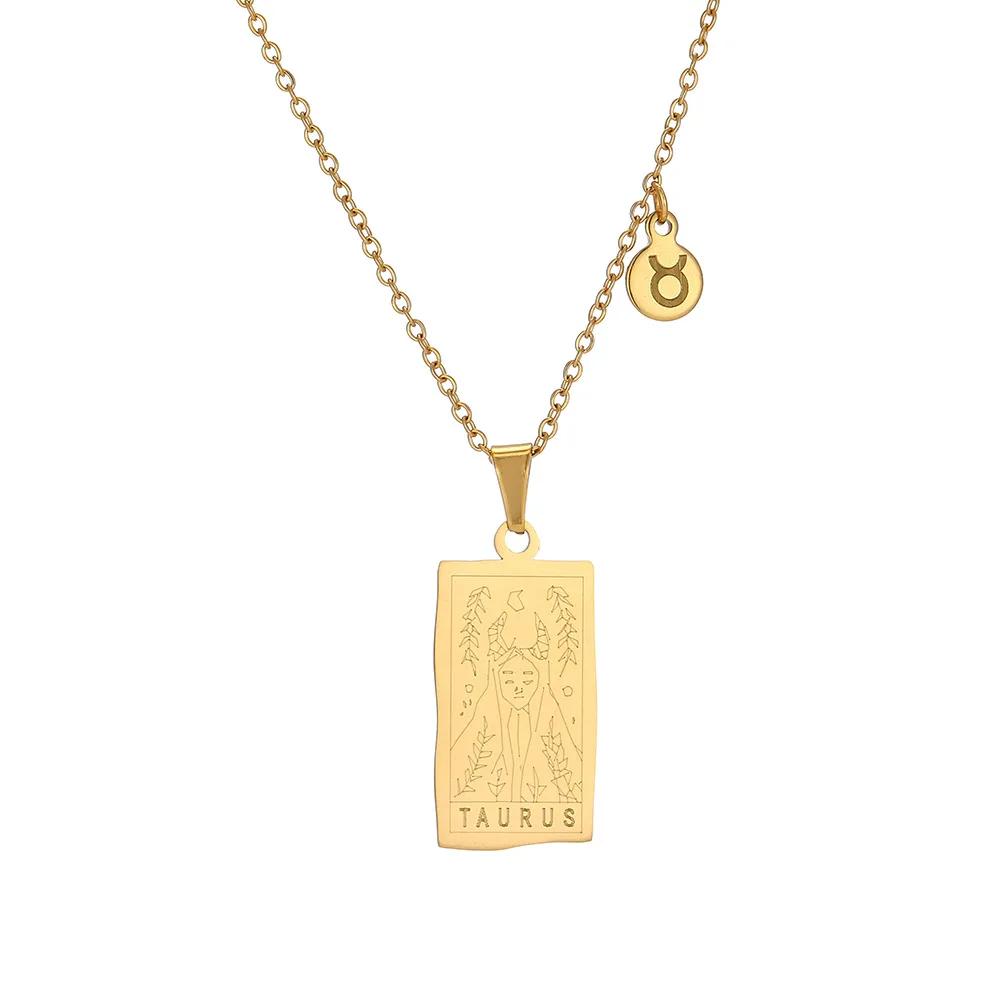 Vintage Geometric 12 Constellations Square Pendant Necklace Fashion Gold Color Metal Collar Charm Necklace Jewelry 2024 New