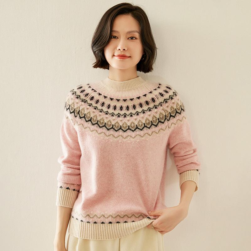 Women's Thickened Fair Isle Cashmere Pullover Sweater - Round Neck, Long-Sleeve, Double-Ply Wool Jacquard