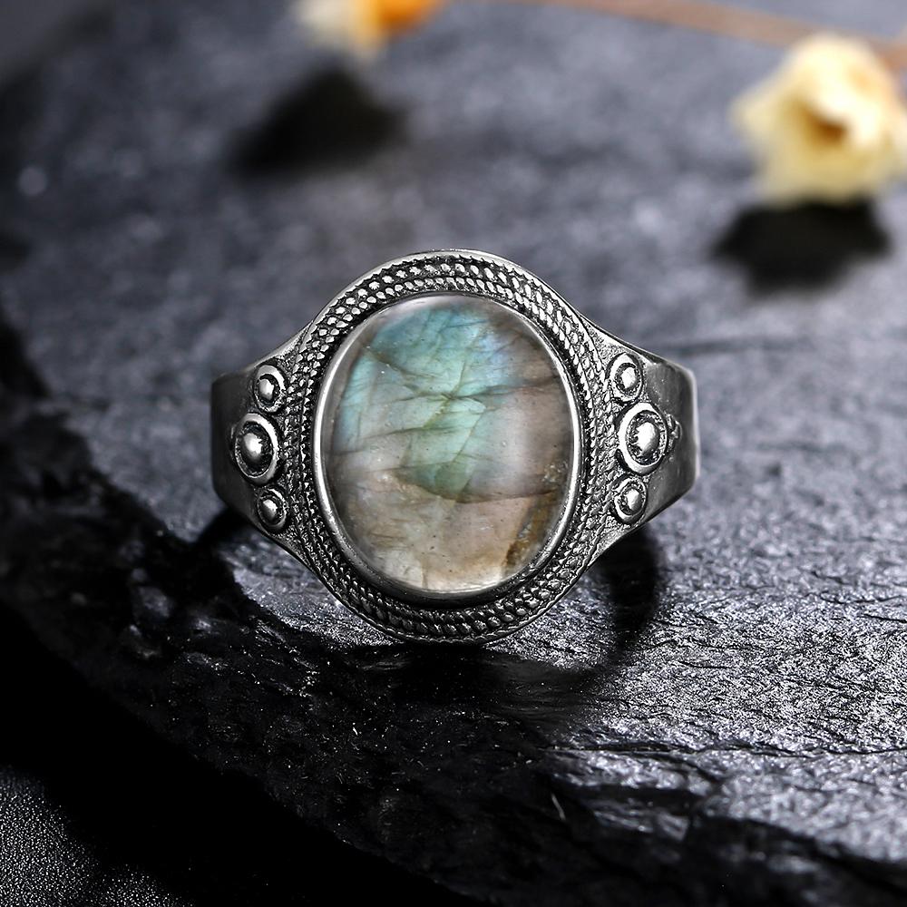 CopperRing for Women Oval Round Natural Labradorite Ring Gift Sun Shaped Retro Luxury Fine Jewelry