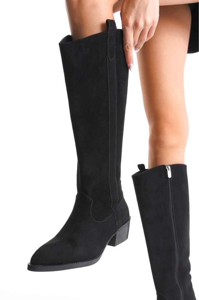 Women Modern Stylish Fashion Boots Faux Leather Suede Pointed Toe Zippered Knee High Tan Suede Boots