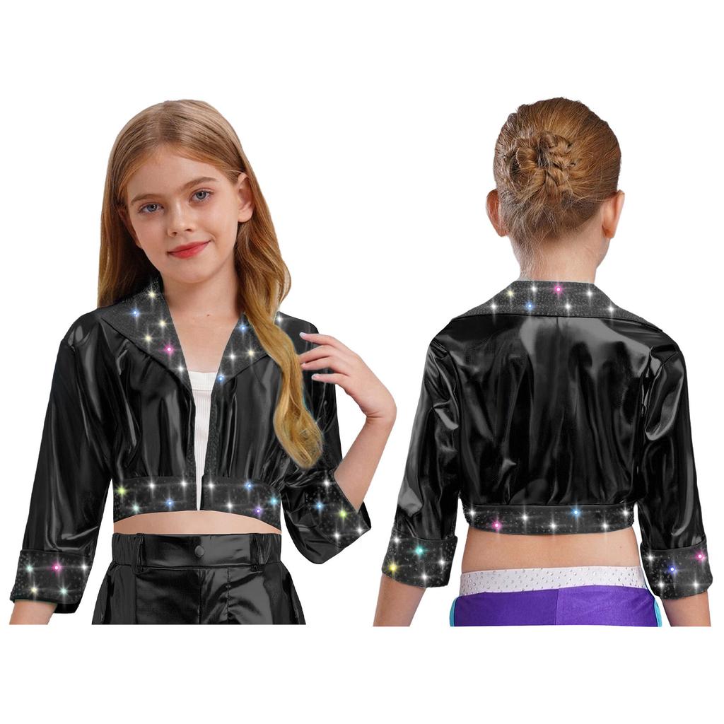 Kinder Bühnenauftritt Jacke Mädchen Jazz Dance Oberbekleidung Glänzende Strasssteine mit Reverskragen