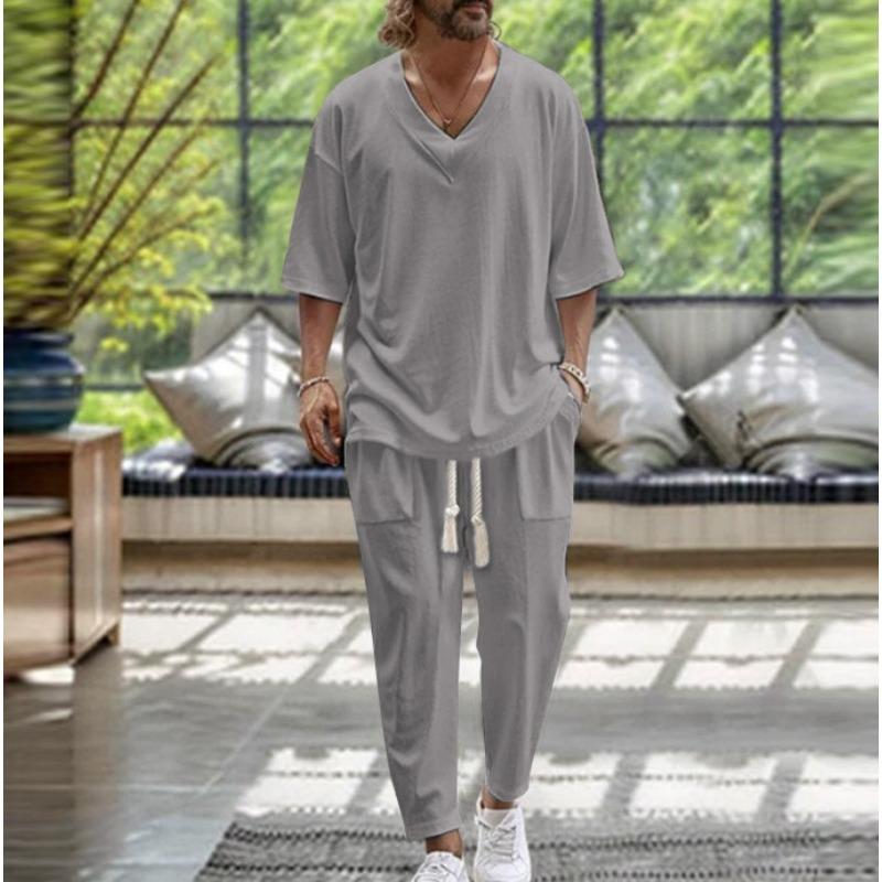 Men Casual V Neck Short Sleeve T Shirt And Long Pants Two Piece Beach Set