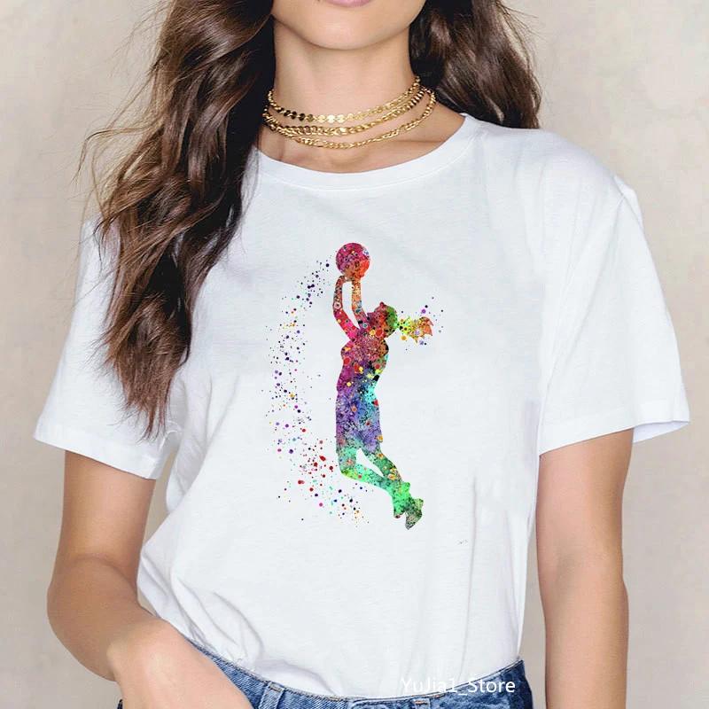 Summer 2024 Watercolor Basketball Girl Art Print Tee Shirt Femme 90s Sports Camisatas Mujer Tees Harajuku Kawaii Tops Tshirts