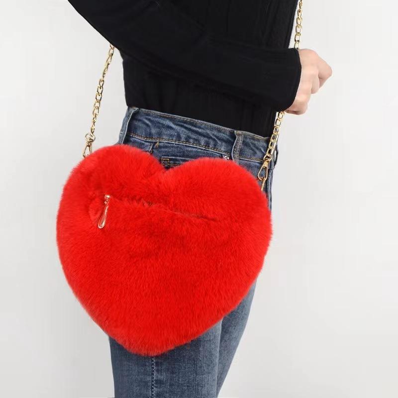 Niedliche Süße Liebesherzförmige Damen Umhängetaschen Mode Weich Plüsch Damen Ein-Schulter-Tasche Bequem Flauschig Einfarbig Kette Damen Handtaschen