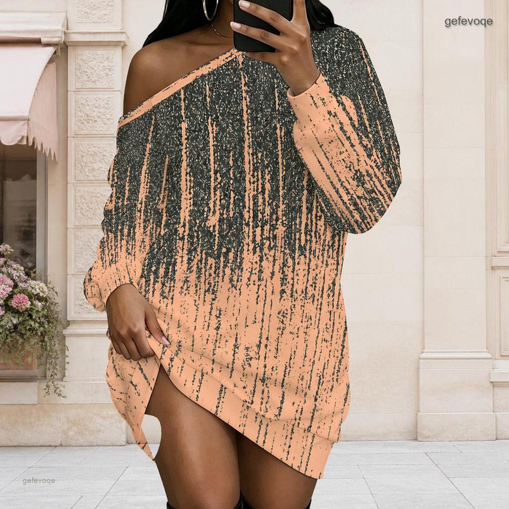 Women Plus Size Off Shoulder Long Sleeve Abstract Print Blue Pink White Tunic Dress