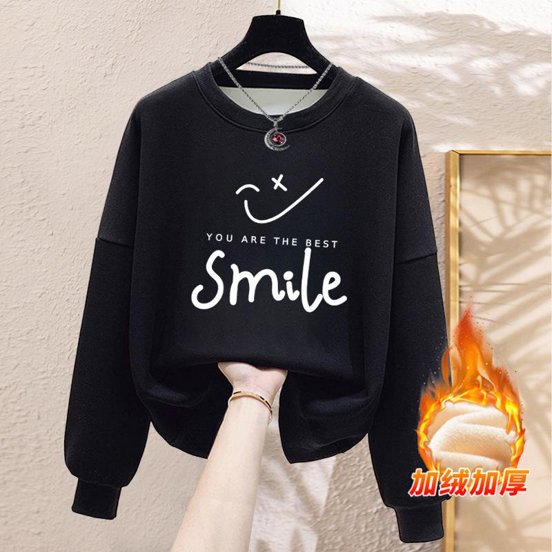 Autumn and winter velvet thickened trendy letter hoodless sweater women's pure cotton oversize Korean version of student loose coat