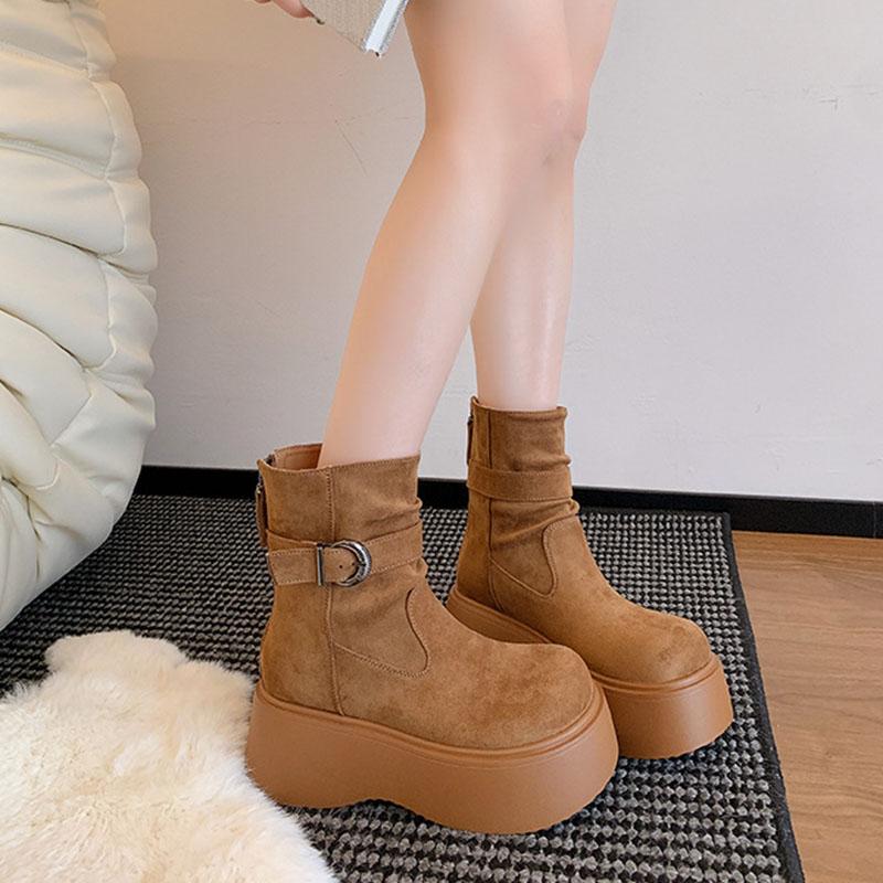 Fashion Retro Thick Bottom Heightening Boots Women's Shoes Autumn New Versatile Suede Solid High Heels Goth Chelsea Botas Ladies Shoes