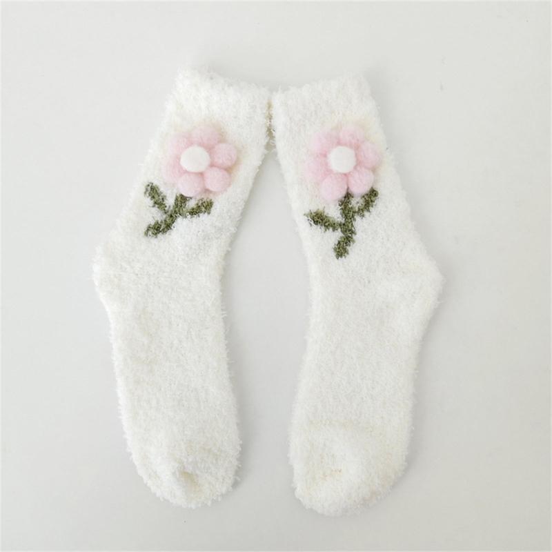 Japanese Women Girl Cute Coral Fleece Slipper Socks 3D Plush Flower Thicken Warm Thermal Fuzzy Floor Sleeping Socks