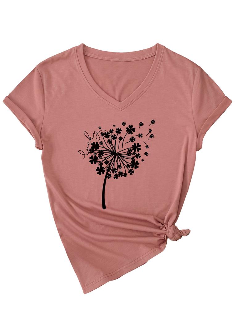 Versatile Comfortable Personality Dandelion Clover Women's V-Neck Short Sleeve T-Shirt