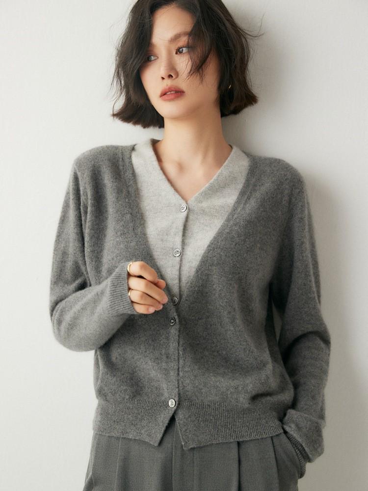 Kaschmir-Cardigan mit V-Ausschnitt: Weicher, im französischen Stil gestrickter, lockerer Damenpullover für Herbst/Winter