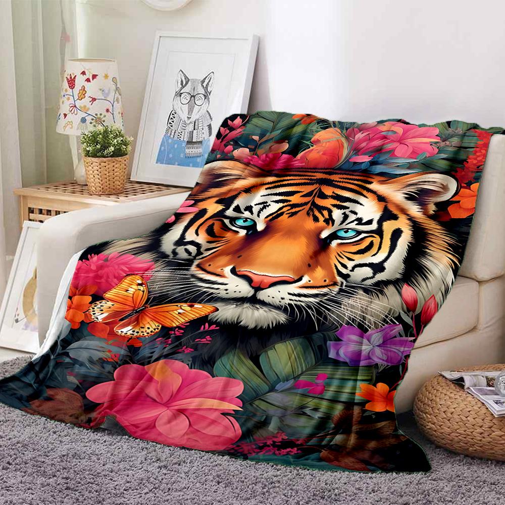 1Pc Tiger Amidst Floral Splendor Flannel Blanket, Soft And Comfortable, Casual Warm, Camping Travel, Christmas, Halloween Xmas Gift. G1309
