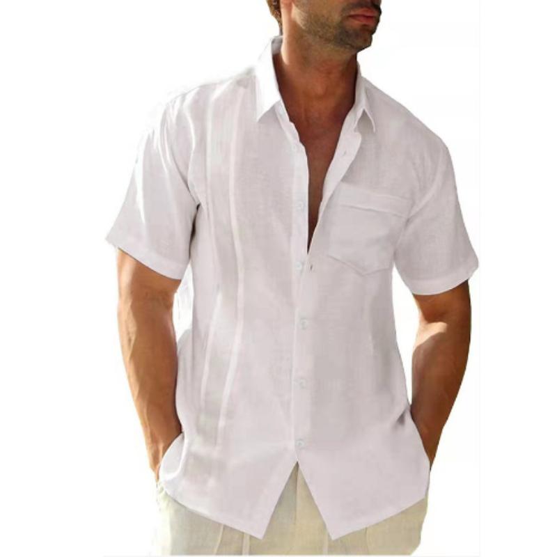 Summer  Men's Cotton and Linen Short Sleeve Shirts Casual Lightweight Button Shirts Vacation Beach Tops with Pocket