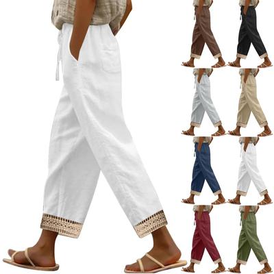 Women's Fashion Solid Color Pocket Drawstring Cotton Linen Lace Casual Pants