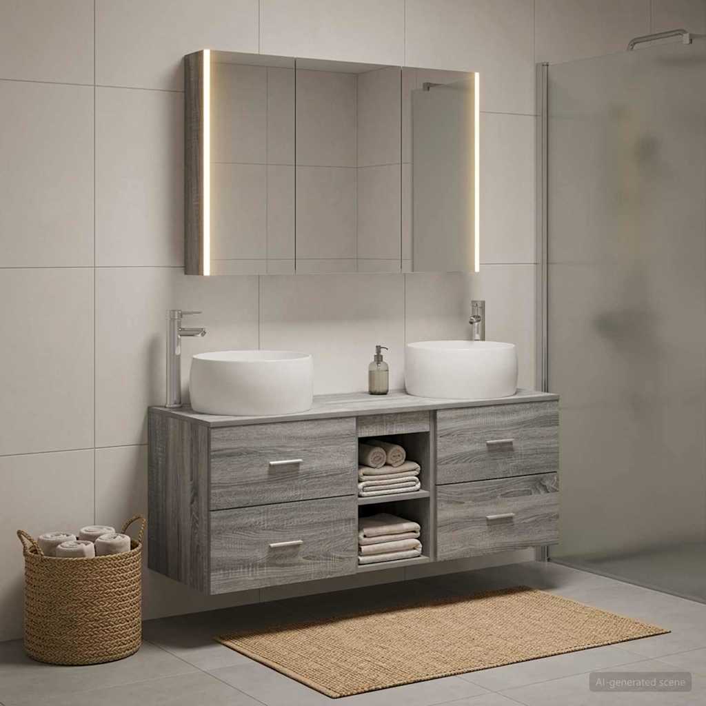 Bathroom Furniture Set 4 pcs Grey Sonoma Engineered Wood and Glass