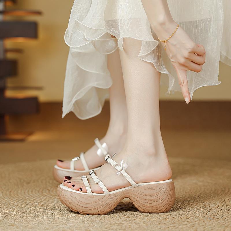 Thick-soled Cool Slippers Women's Summer New Wedge Heel Muffin Fashion Outer Wear One-word Buckle with Open-toed Slippers Roman Shoes Women