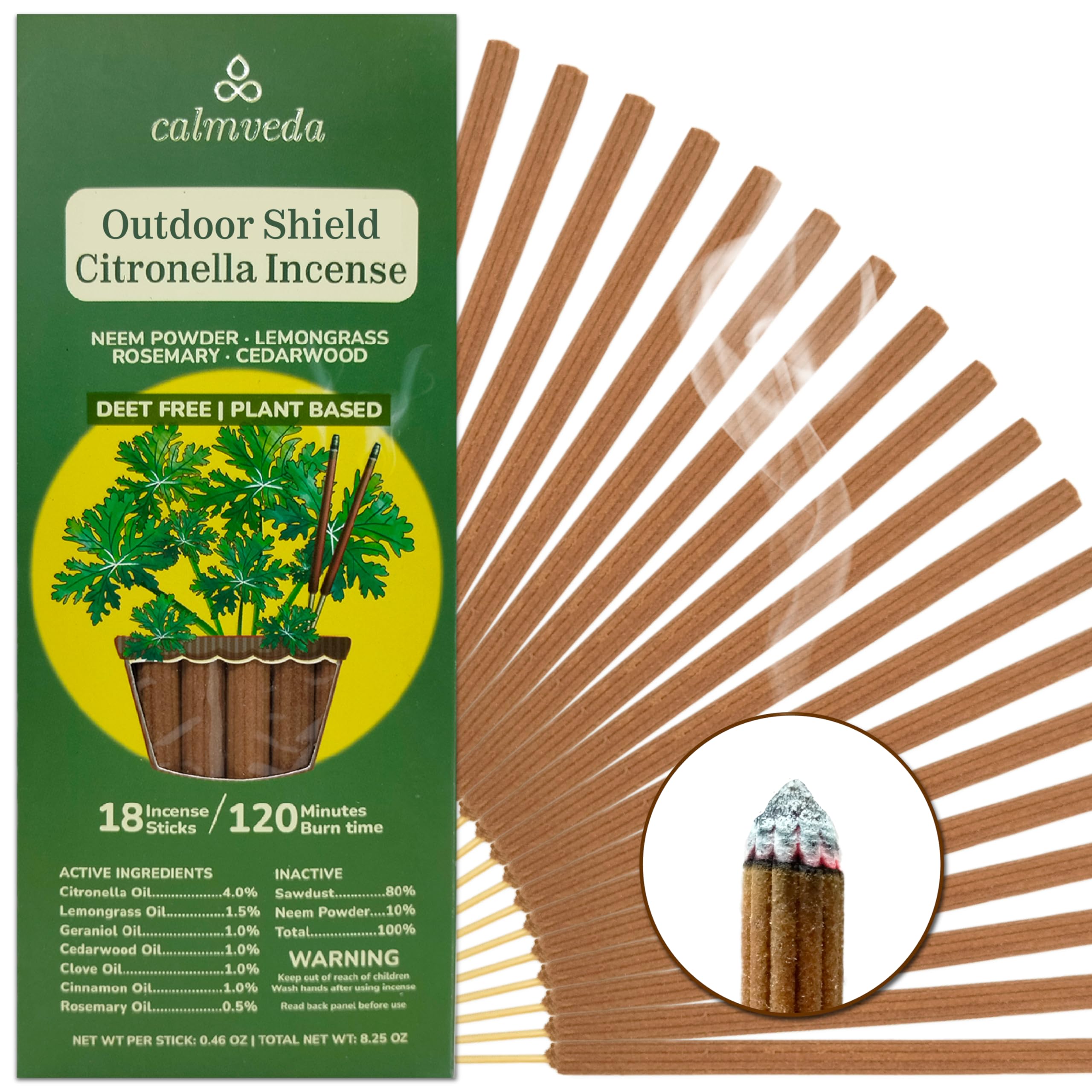 Natural Citronella Incense Sticks Outdoor - 18 Sticks, 40 hrs Protection