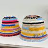Sweet Girls Crochet Stripe Pattern Bucket Hat Cute Ladies Fisherman Cap Color Matching Woman Teens Winter Windproof Hat