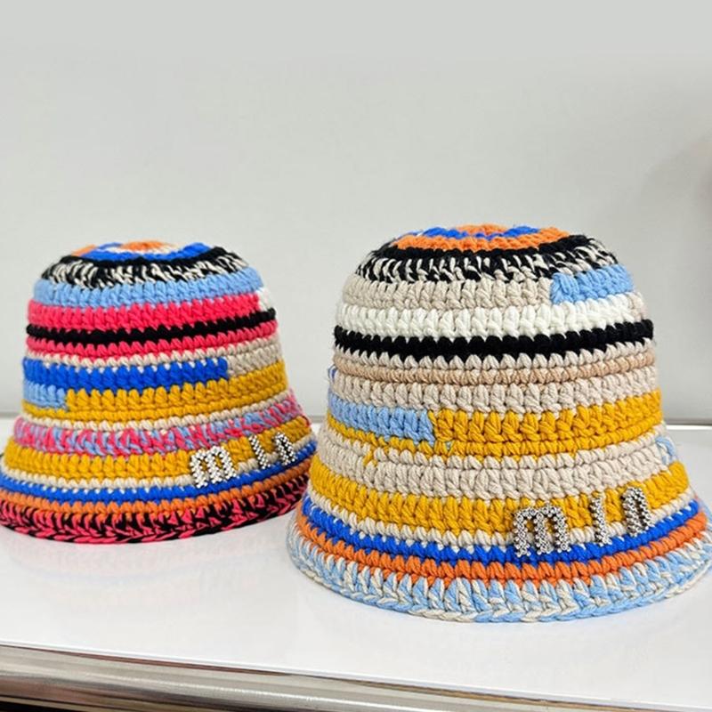 Sweet Girls Crochet Stripe Pattern Bucket Hat Cute Ladies Fisherman Cap Color Matching Woman Teens Winter Windproof Hat