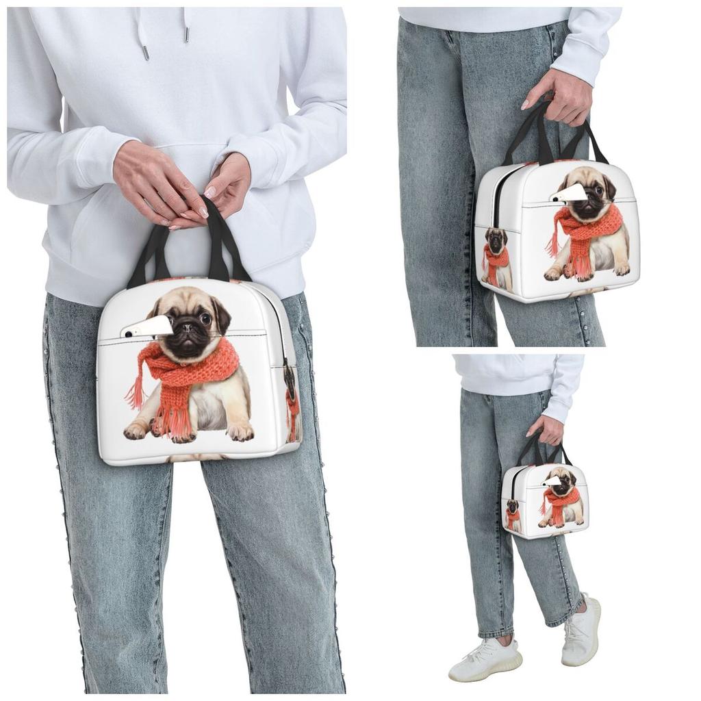 Winter Funny Fawn Pug Funny Dog Lover Insulated Lunch Bag for Women Office Cooler Thermal Food Box Tote Lunch Boxes Container