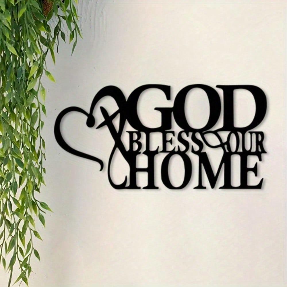 Vintage God Bless Our Home Metal Wall Art with Floral Design Rustproof Iron Religious Decor