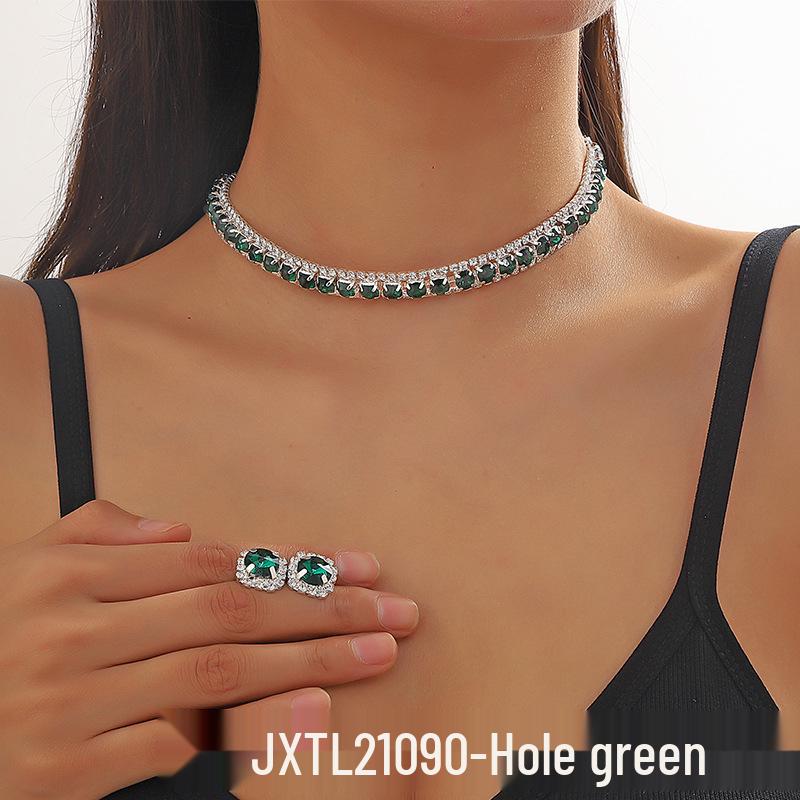 European & American Green Blue Choker Necklace & Stud Earrings Set for Women - Ideal for Weddings & Evening Dresses