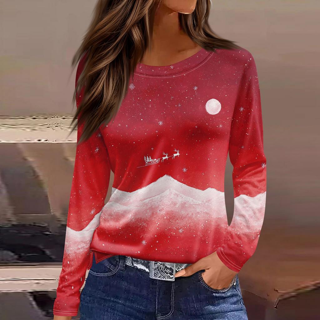 Women's Fashion Casual Slit Hem Round Neck Long Sleeve Loose Printed T-Shirt Ladies Top Christmas