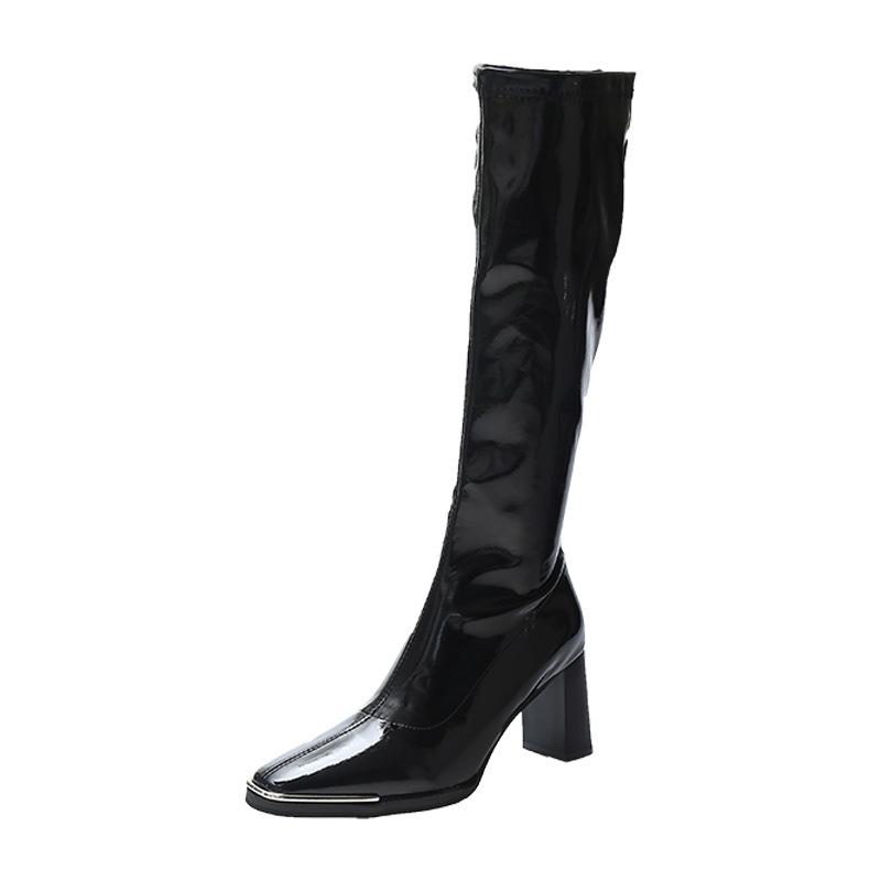 Patent leather boots women's square head high heel bright leather boots autumn and winter new side zipper tall women's boots sleeve sexy thin boots