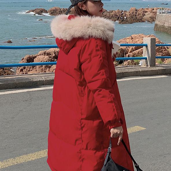 Red Down Cotton Jacket Women's Winter Mid To Long Loose and Thick Jacket