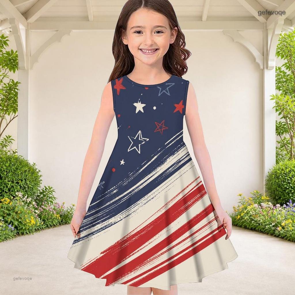 Girls Round Neck Sleeveless Printed Beige A Line Flared Dress