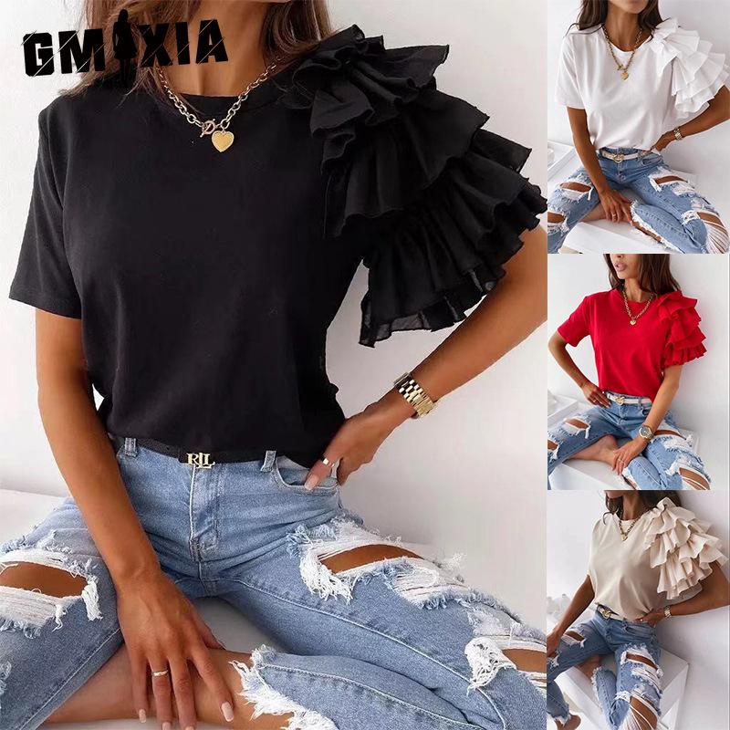GMXIA Summer Simple and Fashionable Ruffled Short-sleeved, Versatile O-neck T-shirt
