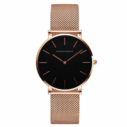 HANNAH MARTIN Women's Analog Quartz Watch in Rose Gold with Stainless Steel and Mesh Band, Waterproof with Inspirational Cuff Bracelet, Black Gold, Qu