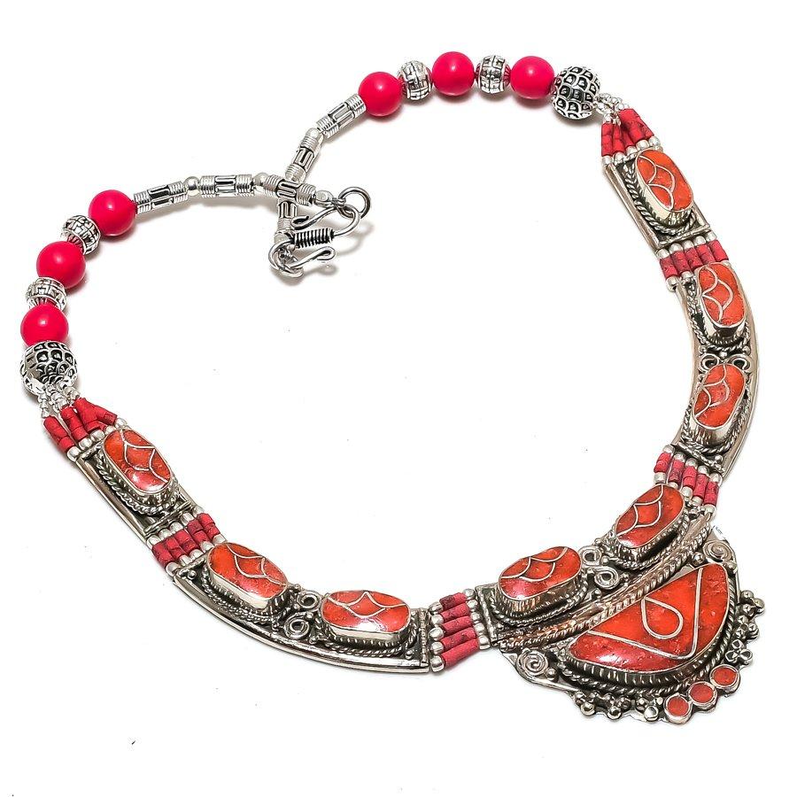 Tibetan Nepal Necklace Natural Red Coral 18" Chunky Ethnic Boho Jewelry NN 738