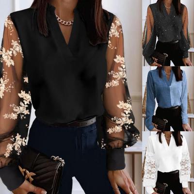 V Collarl Lace Splicing Long Sleeve Shirts Women T Shirt Female Flower Embroidery Blouses Casual Top