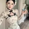 Elegant Floral Qipao Dress: Waist-Cinching Long Sleeve Short Skirt with Frog Buttons for Women - Perfect for Spring/Summer