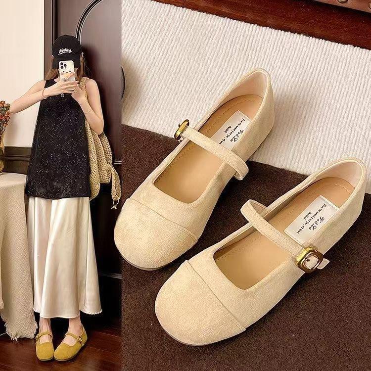 French suede Mary Jane shoes women's 2025 summer new retro soft sole with skirt round head flat bottom one pedal single shoes